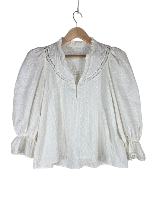 Maje Tops - Maje White Embroidered Lace Blouse with Puff Sleeves